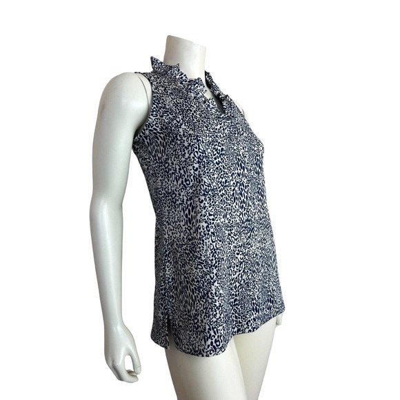 La Mer Luxe Ruffle Neck Top Sleeveless Leopard Printed Blue White Stretch XS - Picture 3 of 11